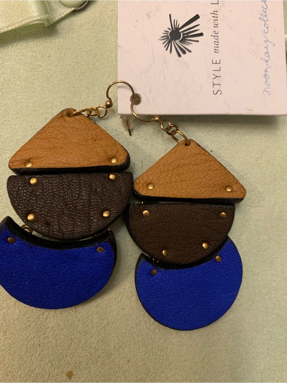 Noonday Collection Blue, Brown and Tan Layered Leather Drop Earrings